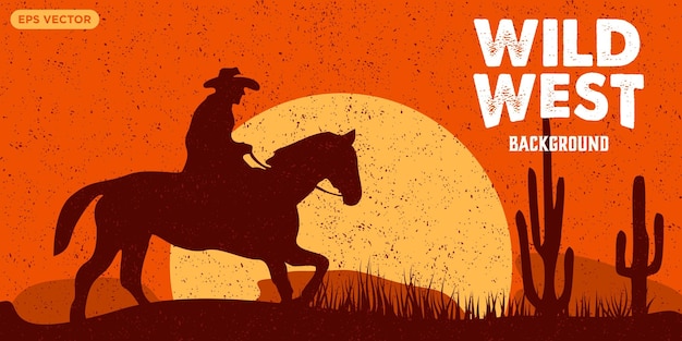 Silhouette of cowboy riding horses at sunset vector orange wild west landscape background