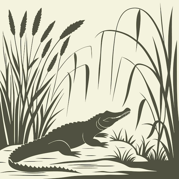 silhouette of a crocodile resting on a riverbank surrounded by reeds