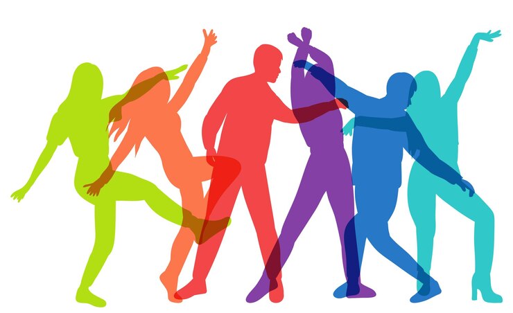 Vector silhouette crowd of dancing people on white background