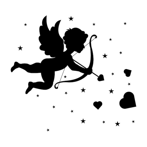 Silhouette Cupid with a bow and arrow in his hands aiming at the heart Valentine's Day Romance Love