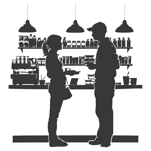 Silhouette customer and cashier in supermarket full body black color only