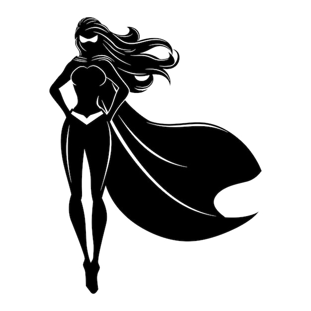 Vector silhouette cute women hero black color only full body