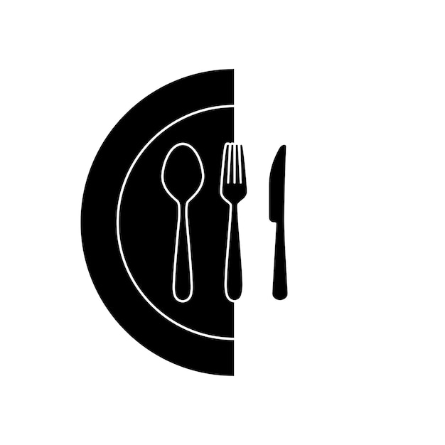 Silhouette of cutlery on plate Set of fork knife spoon on black and white circle Logotype menu in f