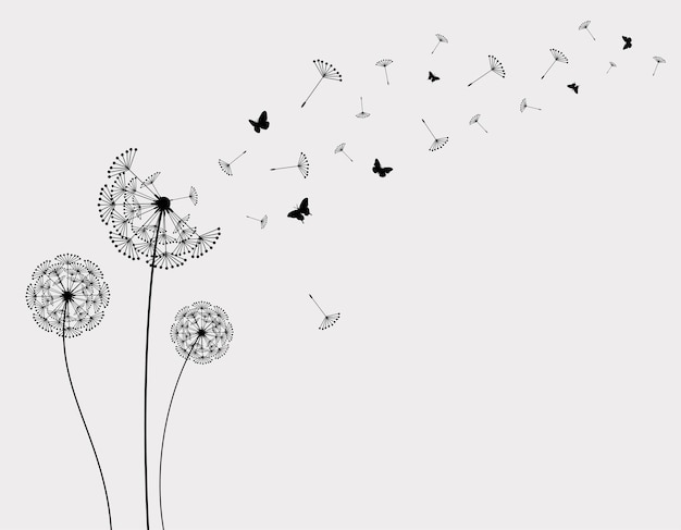 Vector silhouette of a dandelion with flying seeds