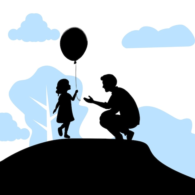 Vector silhouette of daughter giving balloons to father childrens day fathers day