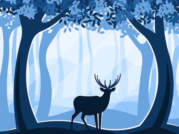 Silhouette of a deer in the forest at sunrise Vector illustration