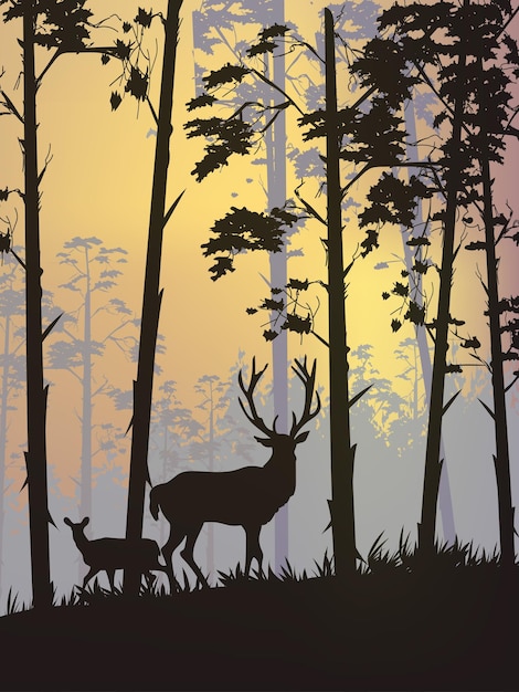 Vector silhouette deer in forest trees with beautiful nature landscape on summer vector background