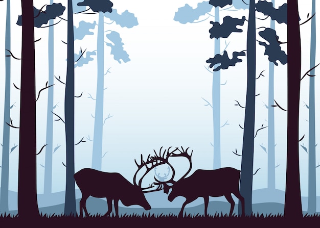 Vector silhouette deer in forest