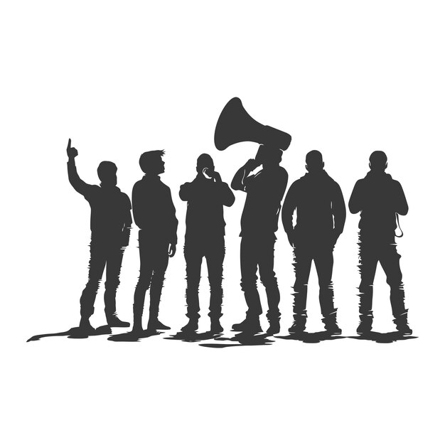 Vector silhouette demonstrators holding loudspeaker alone black color only