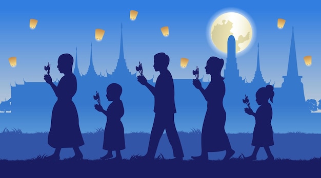 Silhouette design of Buddhism holding candle and flower walking around the churchvector illustration