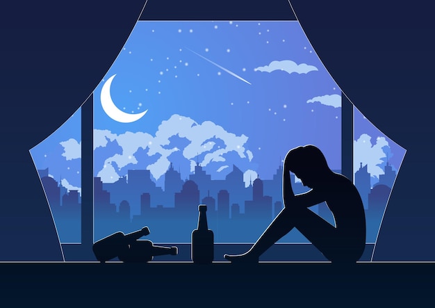 Vettore il disegno della siluetta dell'uomo depresso solitario si siede tra la notte solitaria nella sua illustrazione roomvector