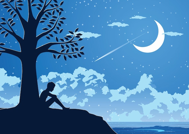 Vector silhouette design of lonely young man on silent night under a tree