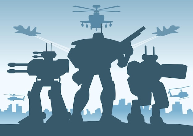 Silhouette design of robot soldier standing and hold gun in the city in war situation