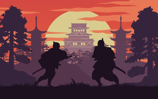 Silhouette design of samurai warrior of japan are fighting