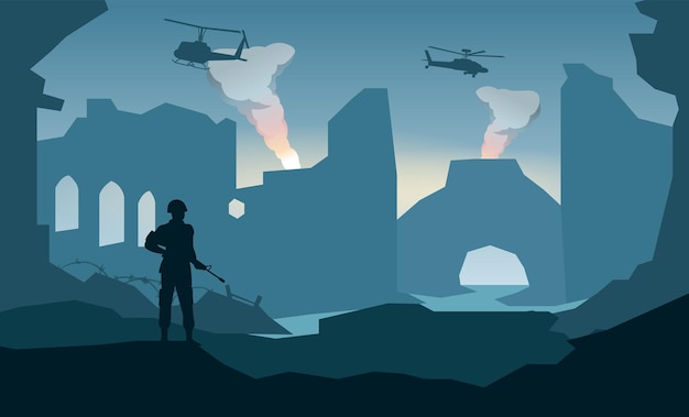 Vector silhouette design of soldier standing and hold gun in the city after of the war