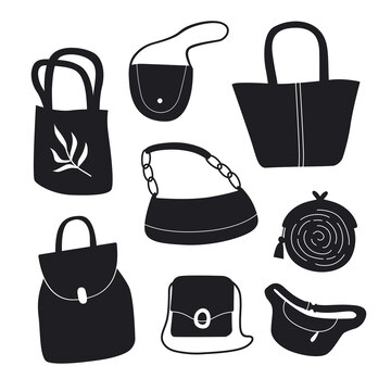 Premium Vector | Silhouette of different handbags in flat cartoon style black and white vector icon bags Premium Vector | Silhouette of different handbags in flat cartoon style black and white vector icon bags
