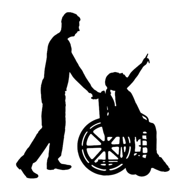 Vettore silhouette di una bambina disabile seduta su una sedia a rotelle e suo padre che mostra un dito nel cielo vector silhouette