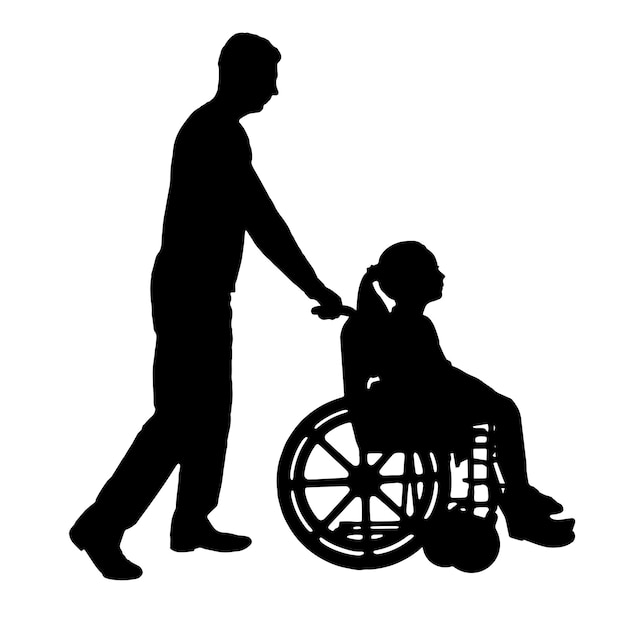 Vector silhouette of a disabled child girl sitting in a wheelchair and her dad on a walk vector silhouette