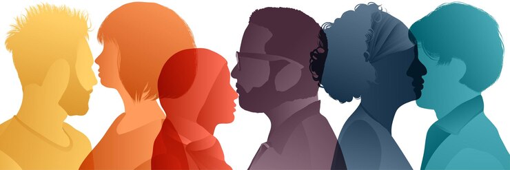Vector silhouette of diverse collaborators seen from the side a harmonious community of colleagues and coworkers in negotiation agreement or pact