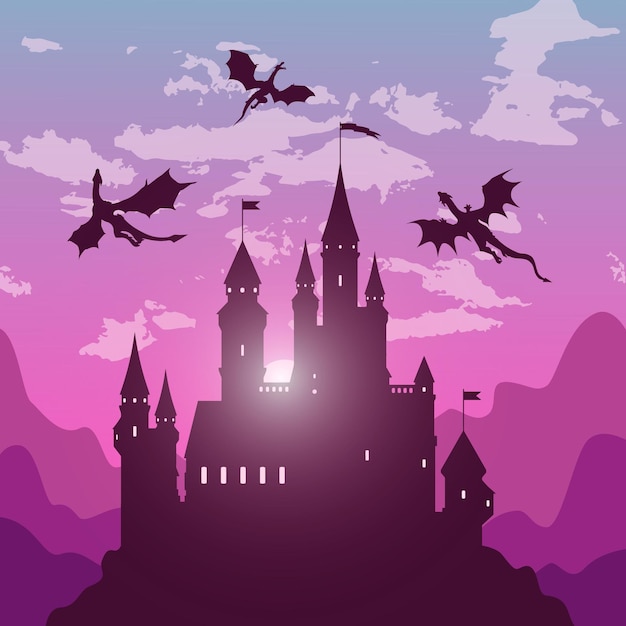 Silhouette of dragons in the sky and castle on the backdrop of mountains and rising sun as poster