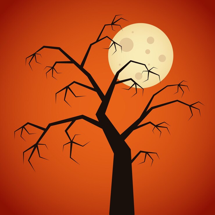 Vector a silhouette of a dry tree on an orange background with a full moon in the night sky