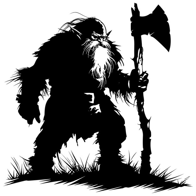 Vector silhouette dwarf mythical race from game with ax black color only