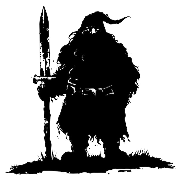Vector silhouette dwarf mythical race from game with sword black color only