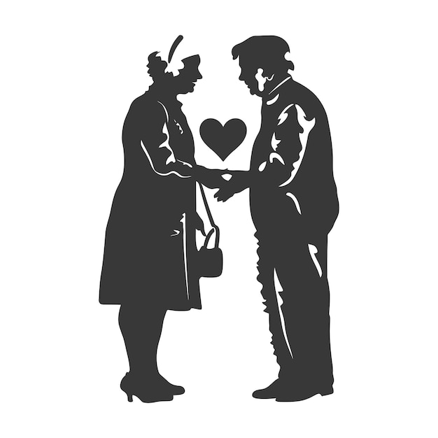Vector silhouette elderly couple holding heart symbol black color only