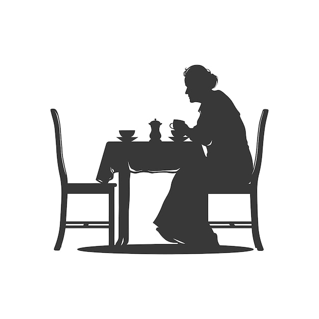 Silhouette elderly woman sitting at a table in the cafe