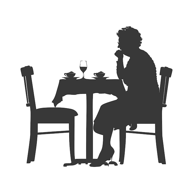 Silhouette elderly woman sitting at a table in the cafe