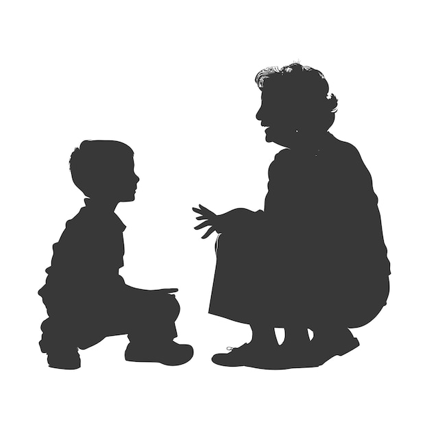 ベクトル シルエット 年配の女性と小さな男の子は 黒い色だけを話しながら座っていた