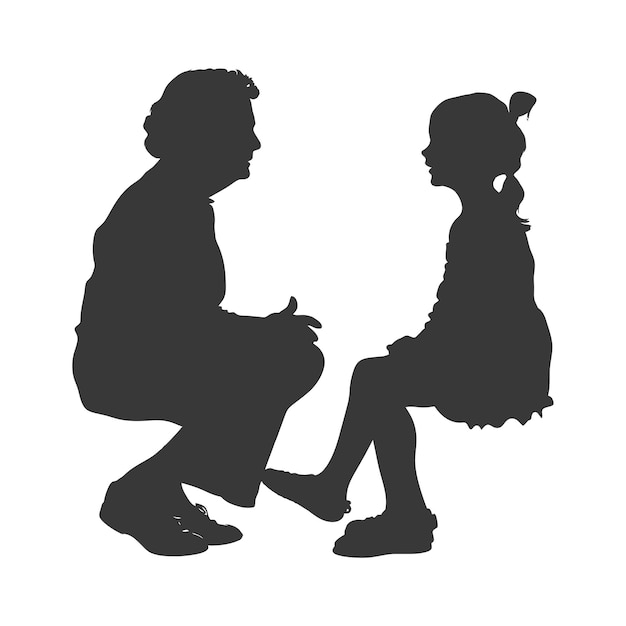 Silhouette elderly women and little girl were sitting while talking black color only