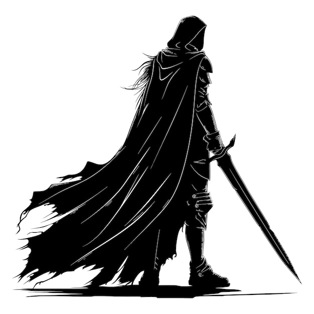 Vector silhouette elf or elves mythical race from game warrior hold sword black color only