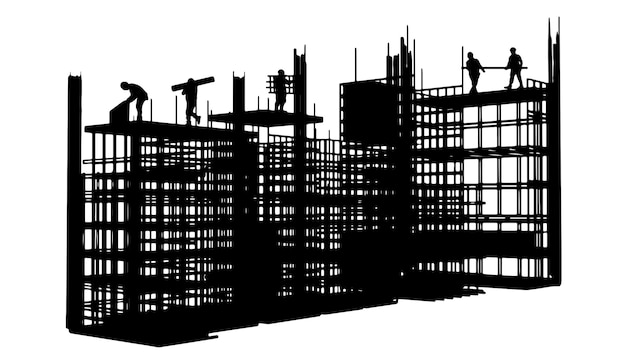 Vettore silhouette di ingegnere e team di costruzione che lavorano all'illustrazione sitevector