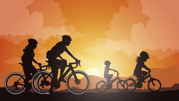 Vettore una silhouette di una famiglia in bicicletta davanti a un tramonto.