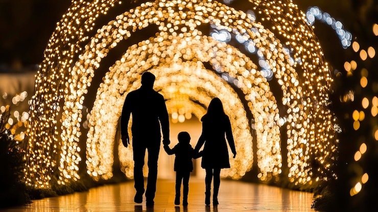 Vector silhouette of a family walking through holiday light display