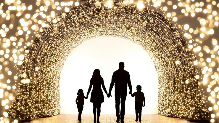 Vector silhouette of a family walking through holiday light display