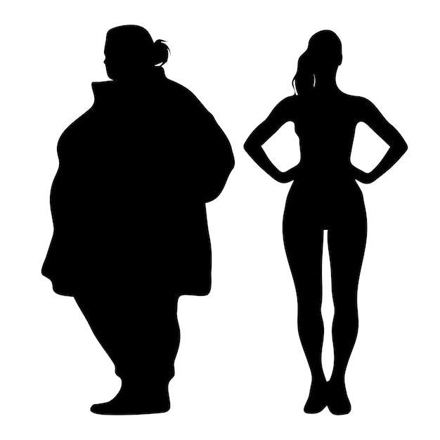 Силуэт толстой и стройной женщины после концепции похудания