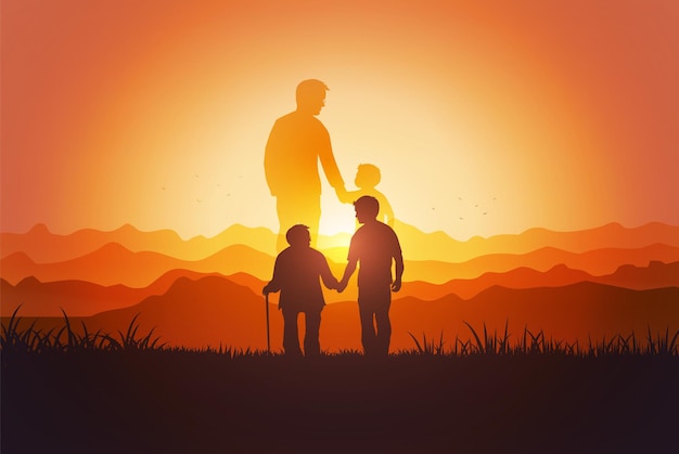 Silhouette of father and son in the park at the sunset time