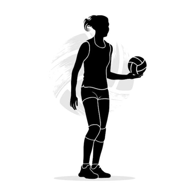 Silhouette of female volleyball player standing and holding ball