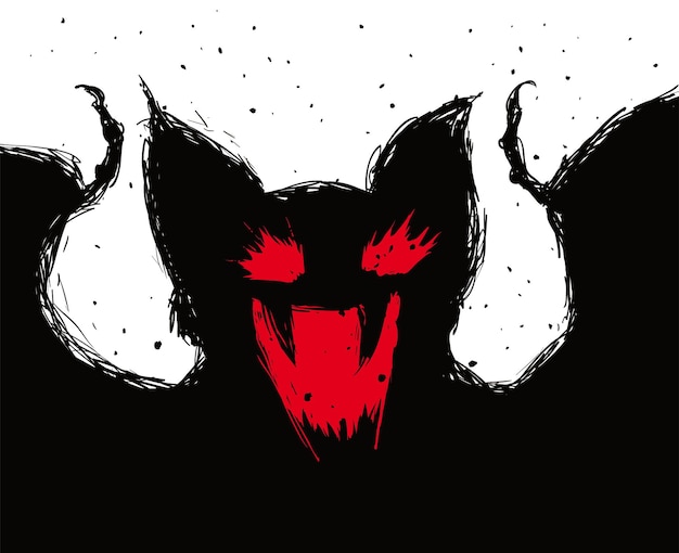 Silhouette of ferocious and menacing vampire bat screaming in hand drawn style over white background