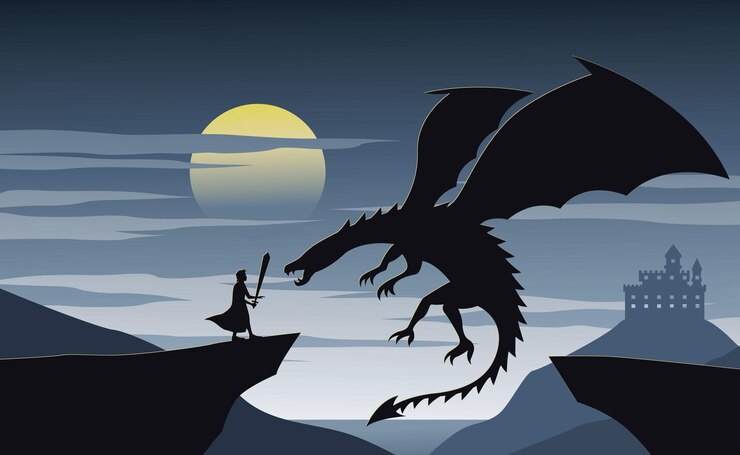 Vector silhouette of fiction with knight and dragon illustration