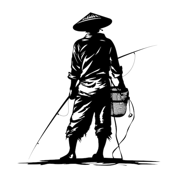 Silhouette fisherman black color only full body