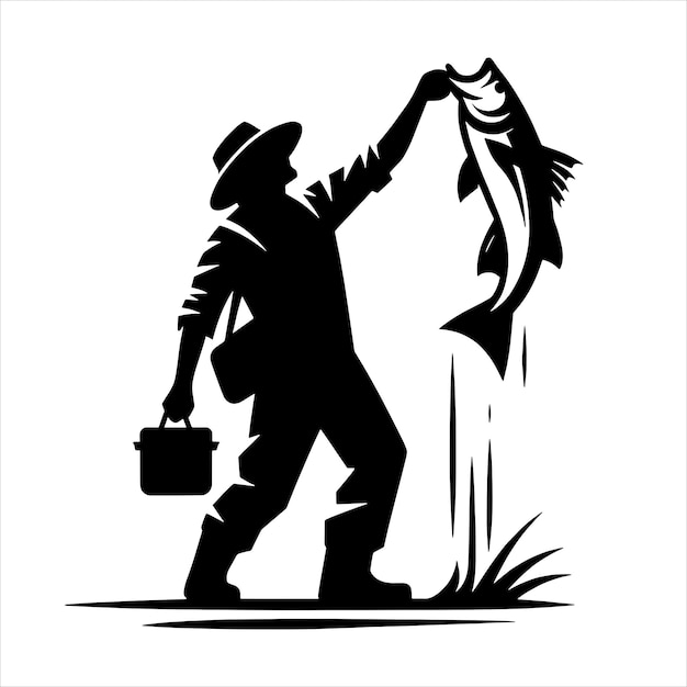 a silhouette of a fisherman with a fish in his hand