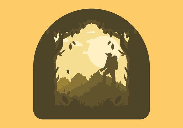 Silhouette flat illustration of a mountain climber standing on top of a hill