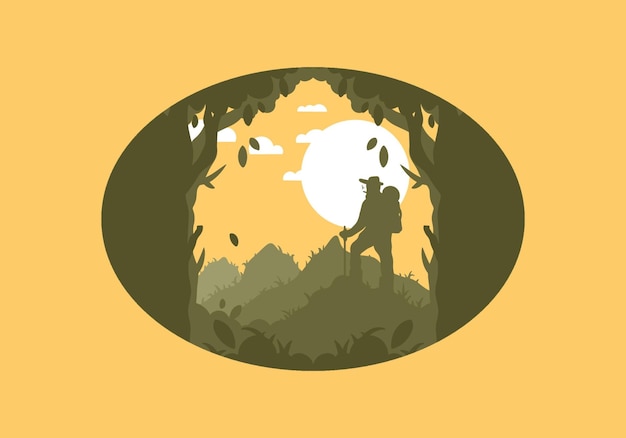 Silhouette flat illustration of a mountain climber standing on top of a hill