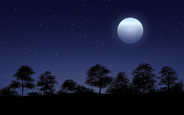 Vector silhouette of forest night with moon and stars