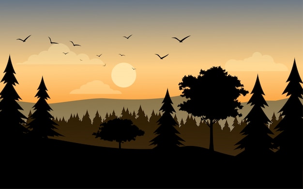 Vector silhouette of forest at sunset