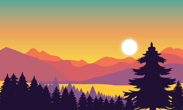 Vector silhouette forest with mountain landscape