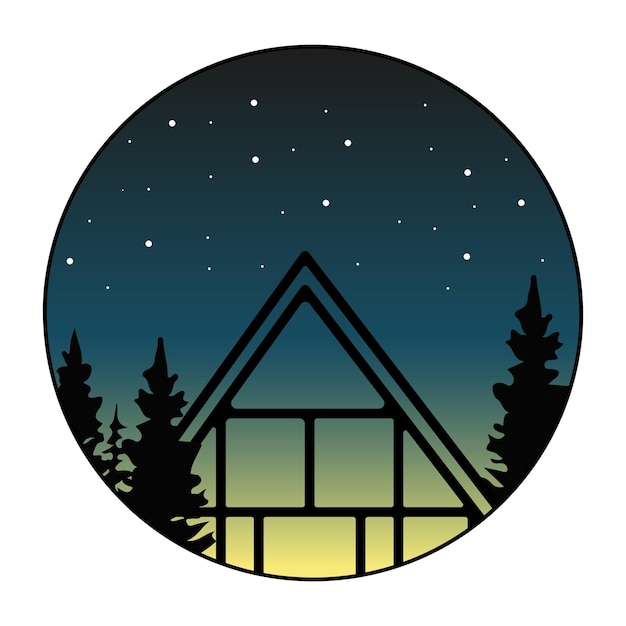 Vector silhouette of a frame house in the forest against a gradient sky with stars